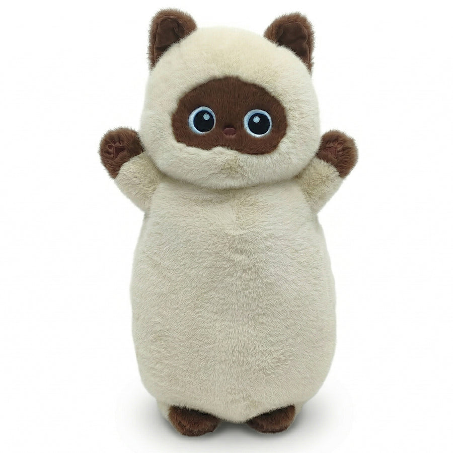 くりくりおめめのにゃんこ 抱きまくら シャム猫 ぬいぐるみ 立ち姿 正面 澄んだ青い瞳と両手を広げた愛らしいポーズ