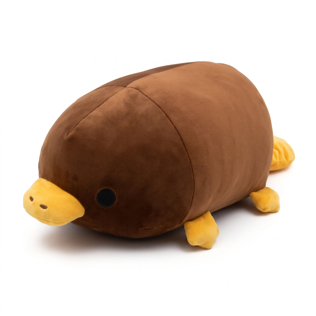 カモノハシ ぬいぐるみ ブラウン 白背景 ぺたっと寝そべる温かみある姿 とろける もちもちアニマル
