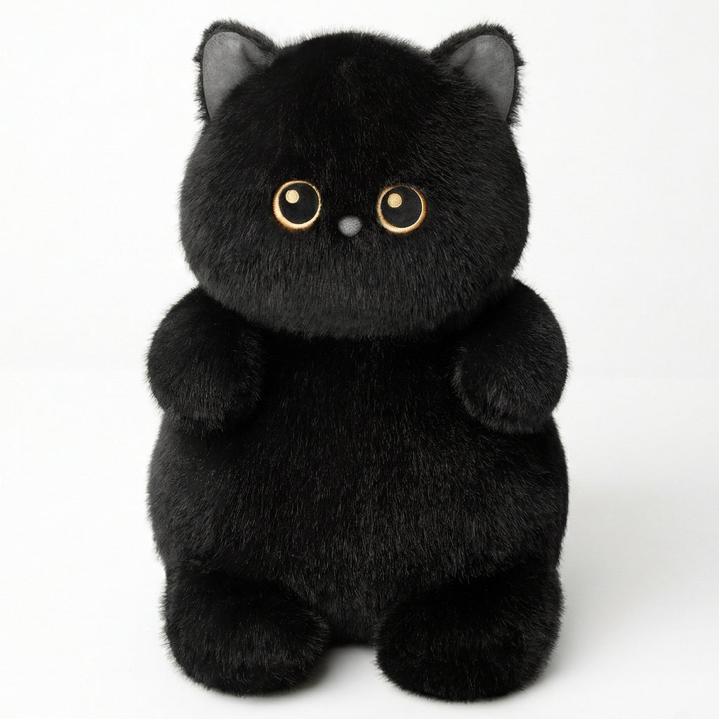くりくりおめめのにゃんこ おすわり 黒猫 ぬいぐるみ 座り姿 正面 黄色い瞳とちょこんと座る愛らしいポーズ