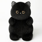 くりくりおめめのにゃんこ おすわり 黒猫 ぬいぐるみ 座り姿 正面 黄色い瞳とちょこんと座る愛らしいポーズ