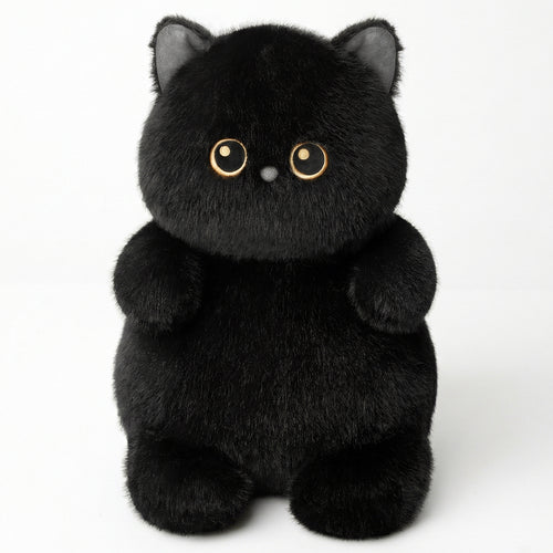 くりくりおめめのにゃんこ おすわり 黒猫 ぬいぐるみ 座り姿 正面 黄色い瞳とちょこんと座る愛らしいポーズ