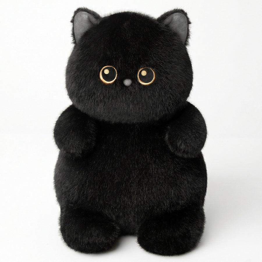 くりくりおめめのにゃんこ おすわり 黒猫 ぬいぐるみ 座り姿 正面 黄色い瞳とちょこんと座る愛らしいポーズ