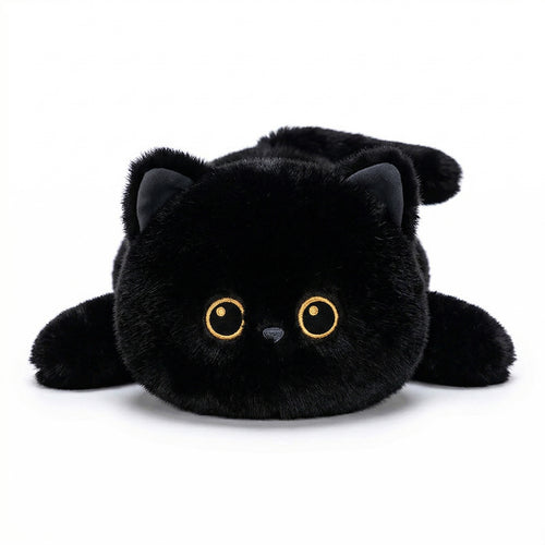 くりくりおめめのにゃんこ くつろぎ 黒猫 ぬいぐるみ 伏せ姿 正面 黄色い刺繍アイとぺたんと寝そべる愛らしいポーズ