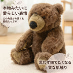 お部屋のラグの上に座るブラウンベアぬいぐるみ。どの角度から見ても愛嬌たっぷりな表情と思わず撫でたくなる上質な肌触り