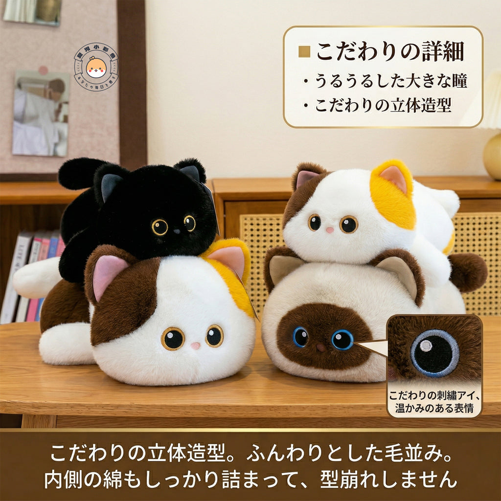 くつろぎ猫ぬいぐるみ こだわりの立体造型とふんわり極上毛並み 黒猫・三毛猫・シャム猫の重なりポーズ