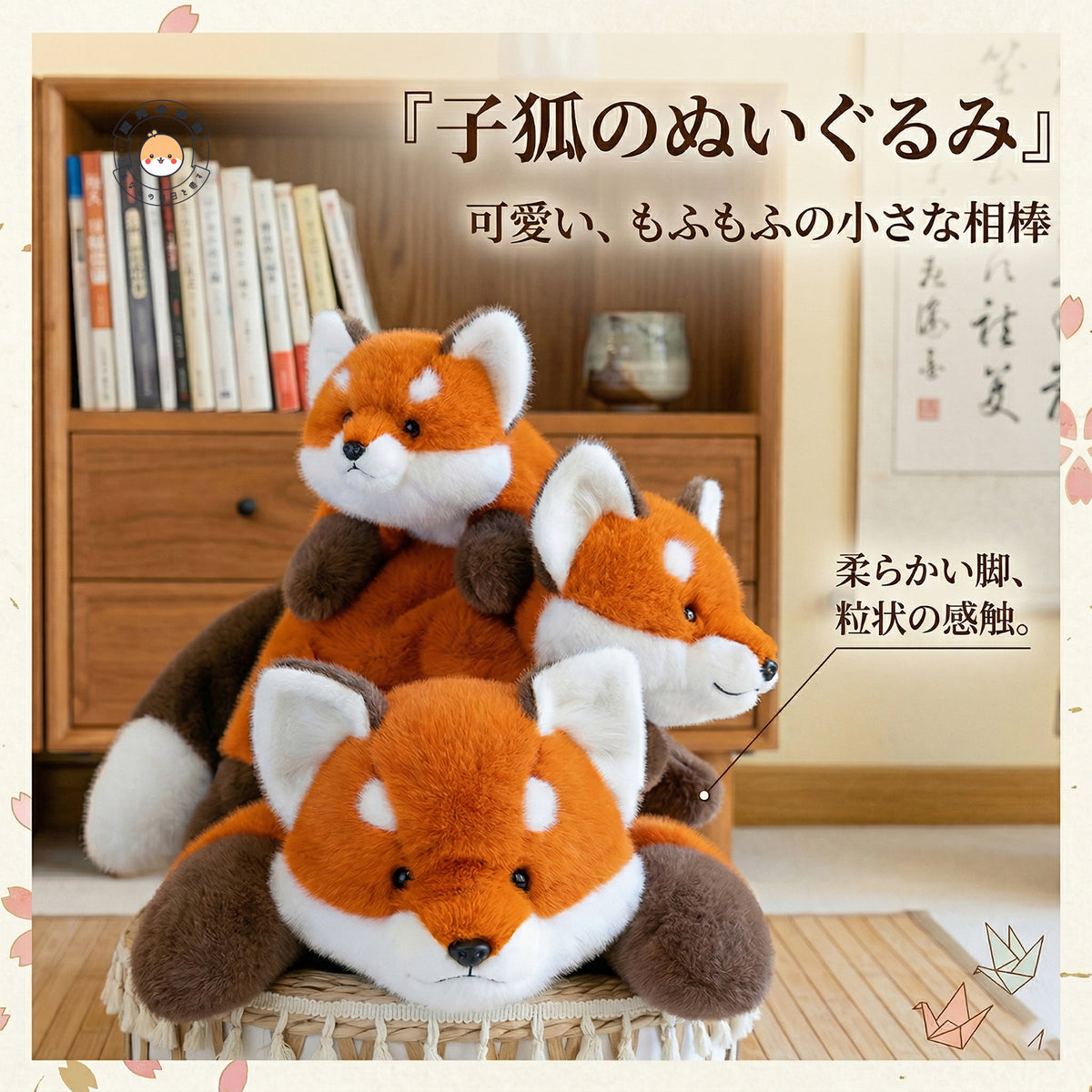 ふわふわのキツネぬいぐるみを並べたかわいいイメージ
