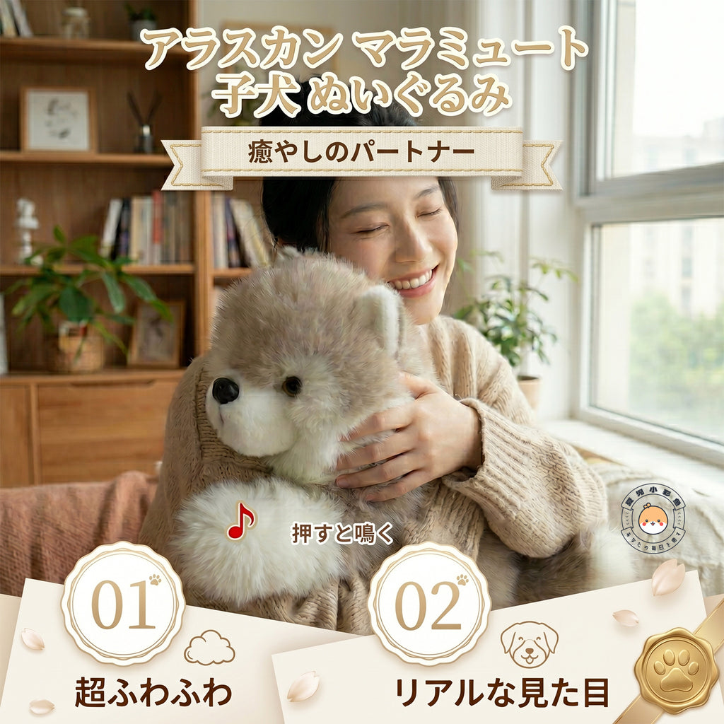 お部屋でぎゅっと抱きしめられるアラスカンマラミュートぬいぐるみと押すと鳴くギミック