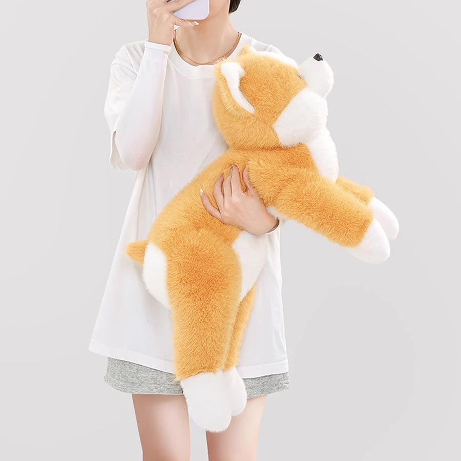 胸元にすっぽりと抱きかかえる大きいコーギーぬいぐるみのサイズ感