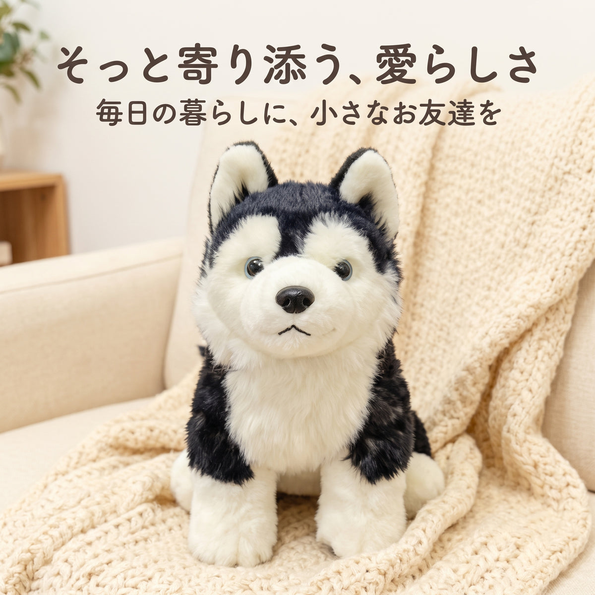 ソファの上でブランケットに包まれてお座りするハスキーぬいぐるみ。暮らしにそっと寄り添う小さなパートナー