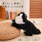 ラタンのクッションにあごや前足を乗せておねだりするような仕草を見せるリアルハチワレ猫ぬいぐるみ