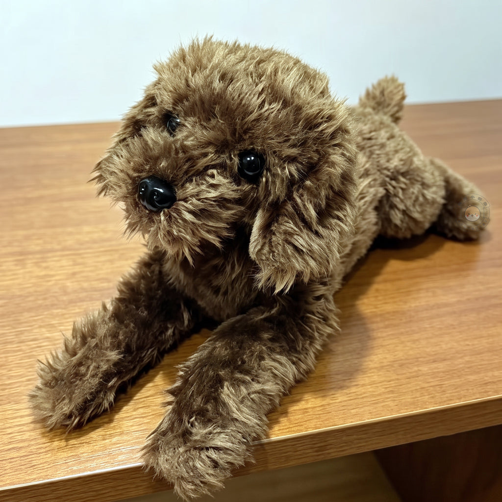 テーブルの上から見上げてくるリアルなトイプードルぬいぐるみ。くりっとした瞳と思わず撫でたくなる上質な毛並み