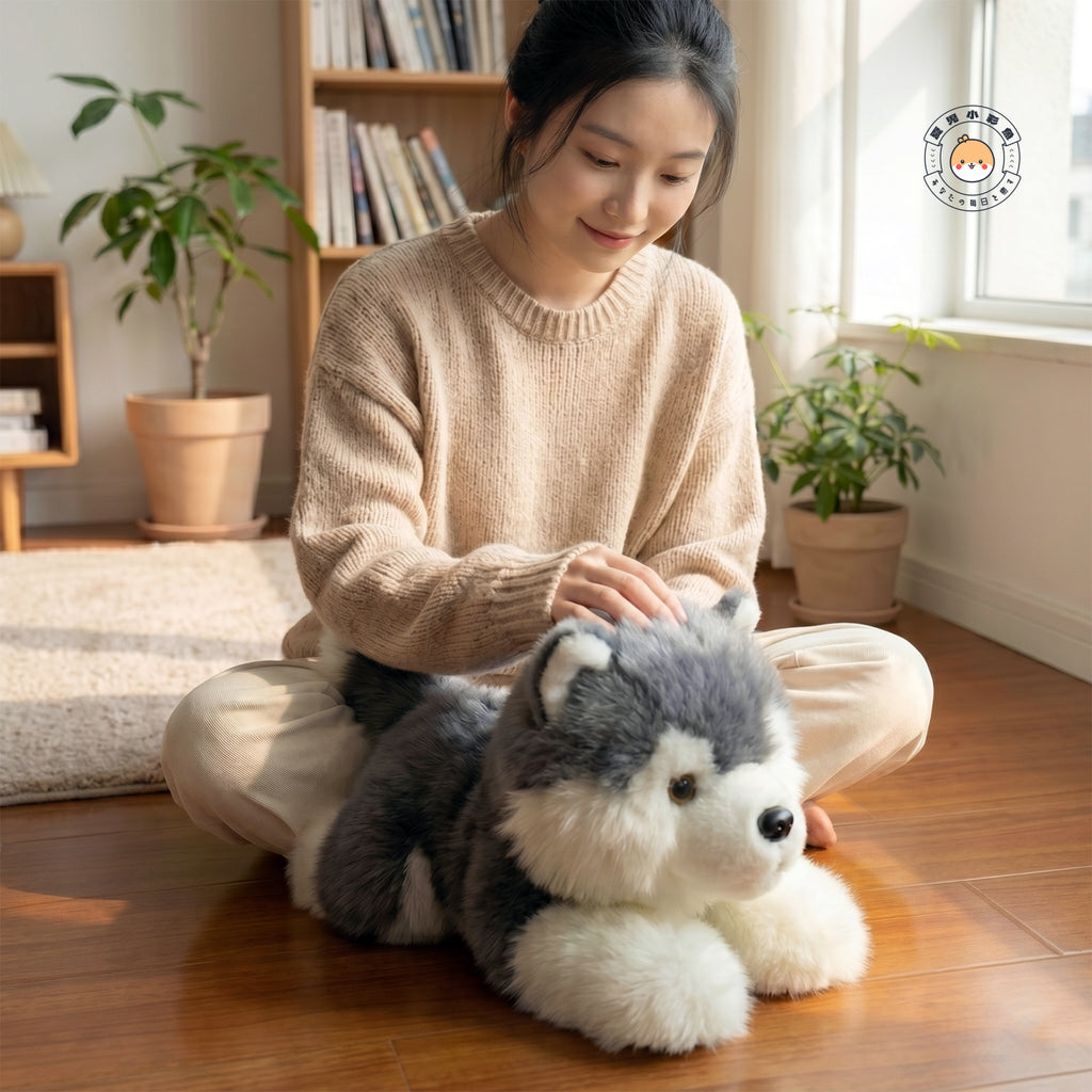 リビングの床で優しく撫でられるアラスカンマラミュートぬいぐるみ