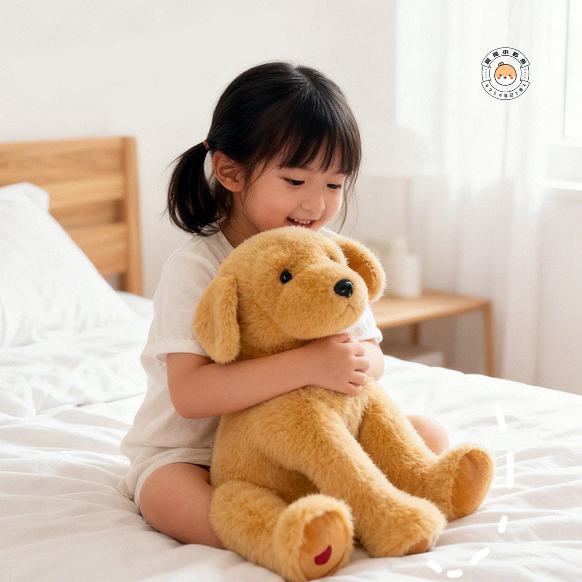 子どもが腕いっぱいに抱きしめる大きめゴールデンレトリバーのぬいぐるみ