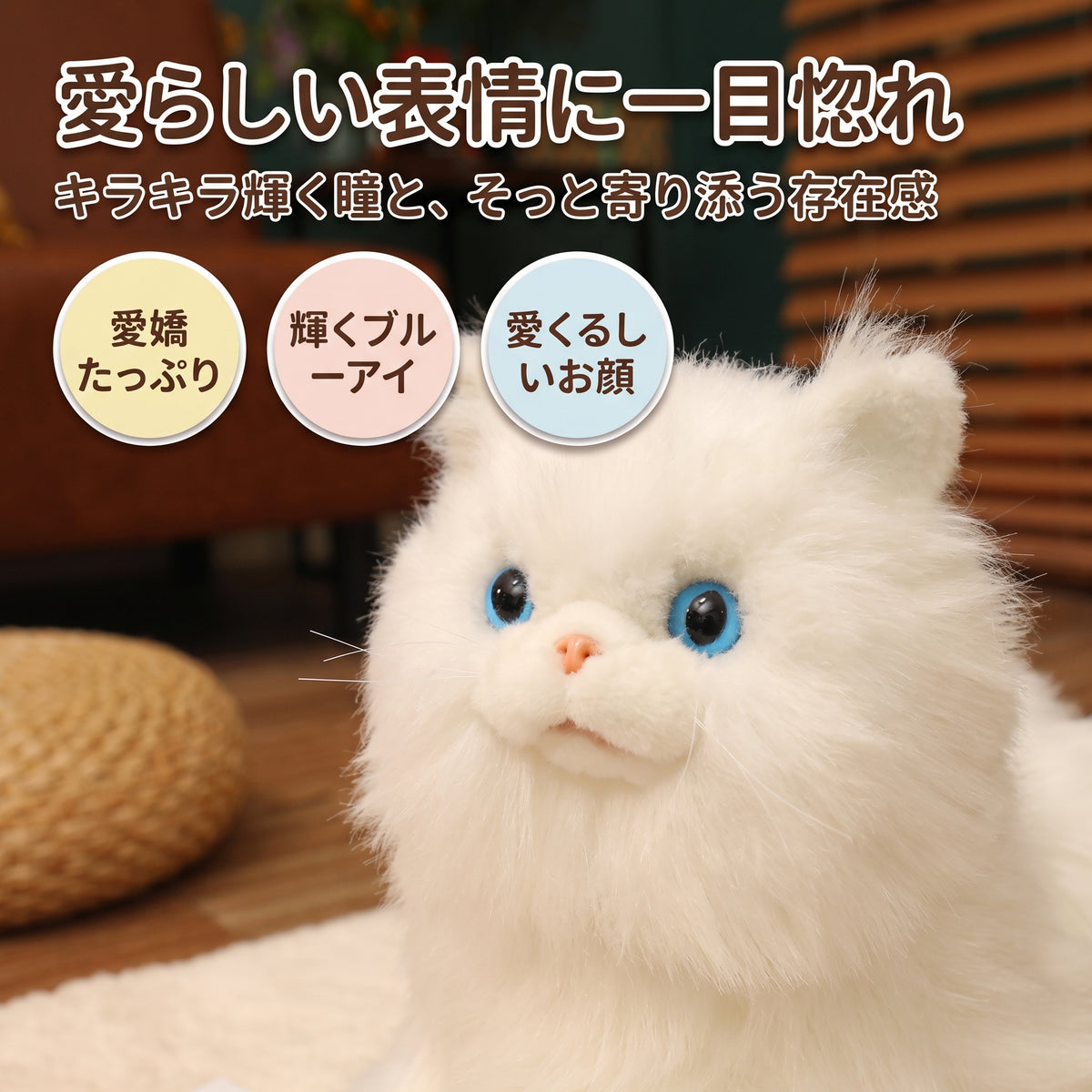 キラキラと輝くブルーアイと愛らしいお顔立ちを見つめるリアルペルシャ猫ぬいぐるみの表情アップ