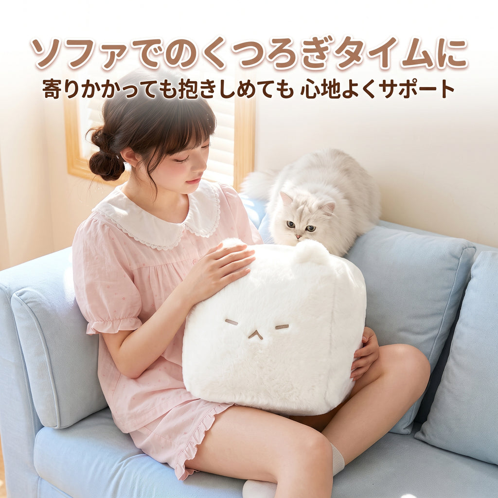 ソファでのリラックスタイムに寄り添うキューブ白猫ぬいぐるみと本物の猫