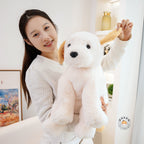 両手で抱き上げる大きめラブラドールぬいぐるみ ふわふわの毛並みとおすわり姿