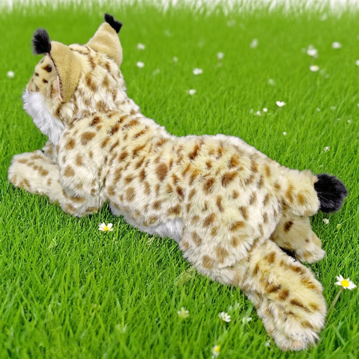 オオヤマネコぬいぐるみの後ろ姿。背中に広がる美しい斑点としっぽの先の黒いアクセント
