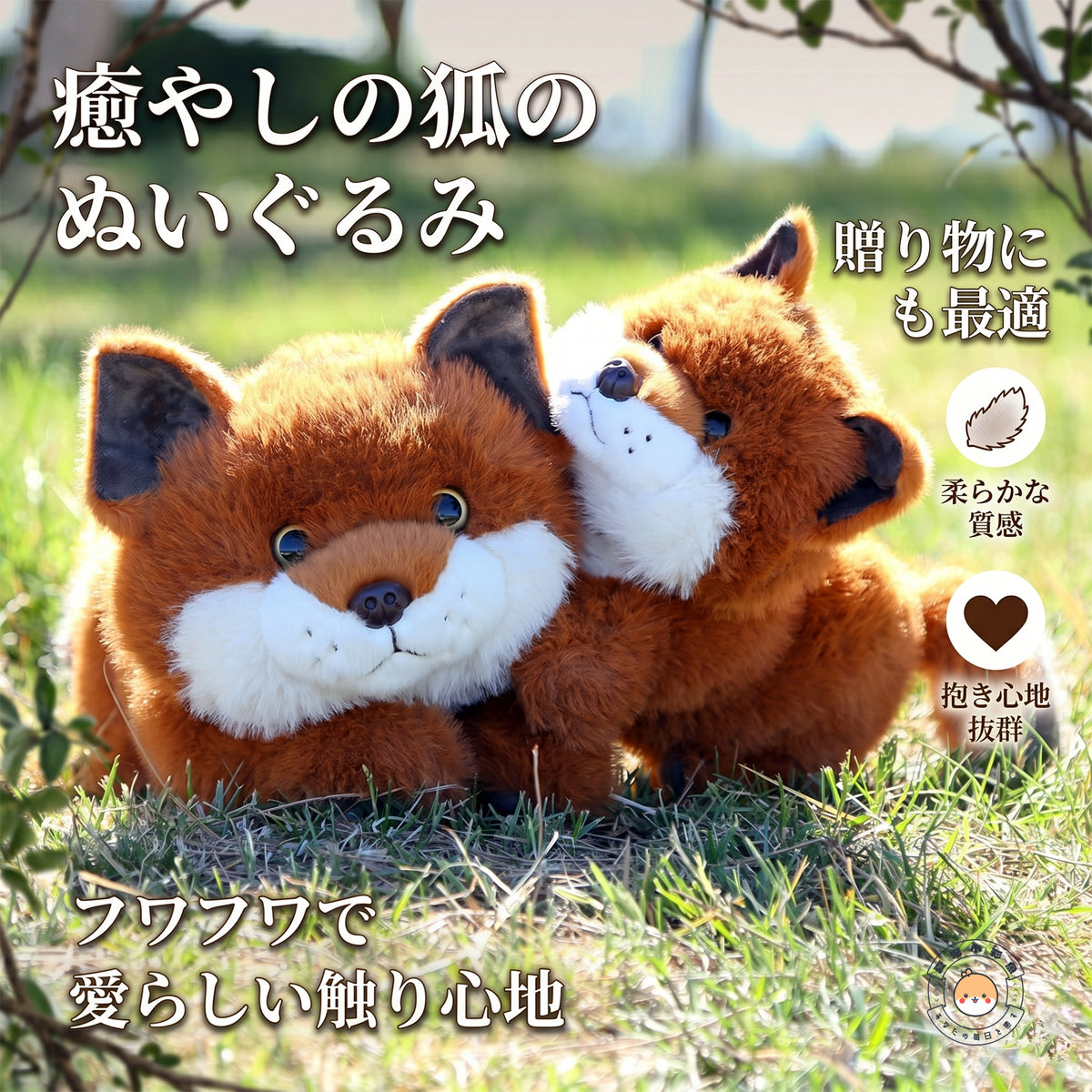 キツネ ぬいぐるみ 木漏れ日の下 寄り添う2匹 癒やしのギフト