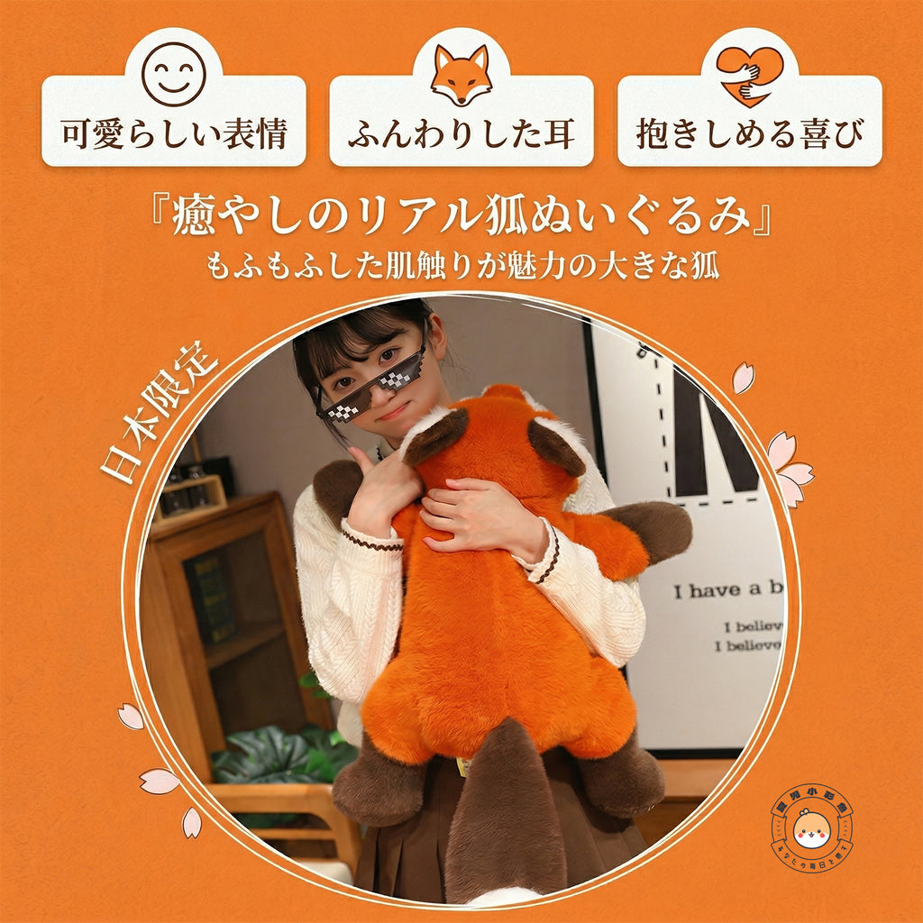大きいキツネのぬいぐるみを抱いて過ごす癒しのイメージ