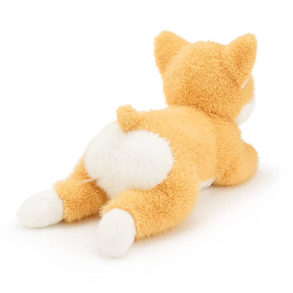 ふわふわな白お尻とちょこんとした短い尻尾がキュートなコーギーぬいぐるみの後ろ姿