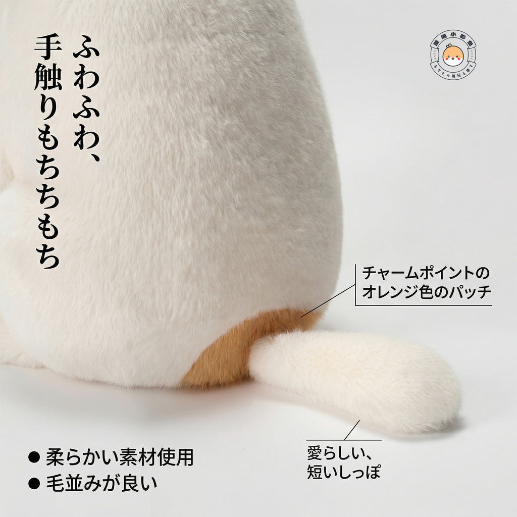 おすわり猫ぬいぐるみ 柔らかい素材と愛らしいしっぽのディテール