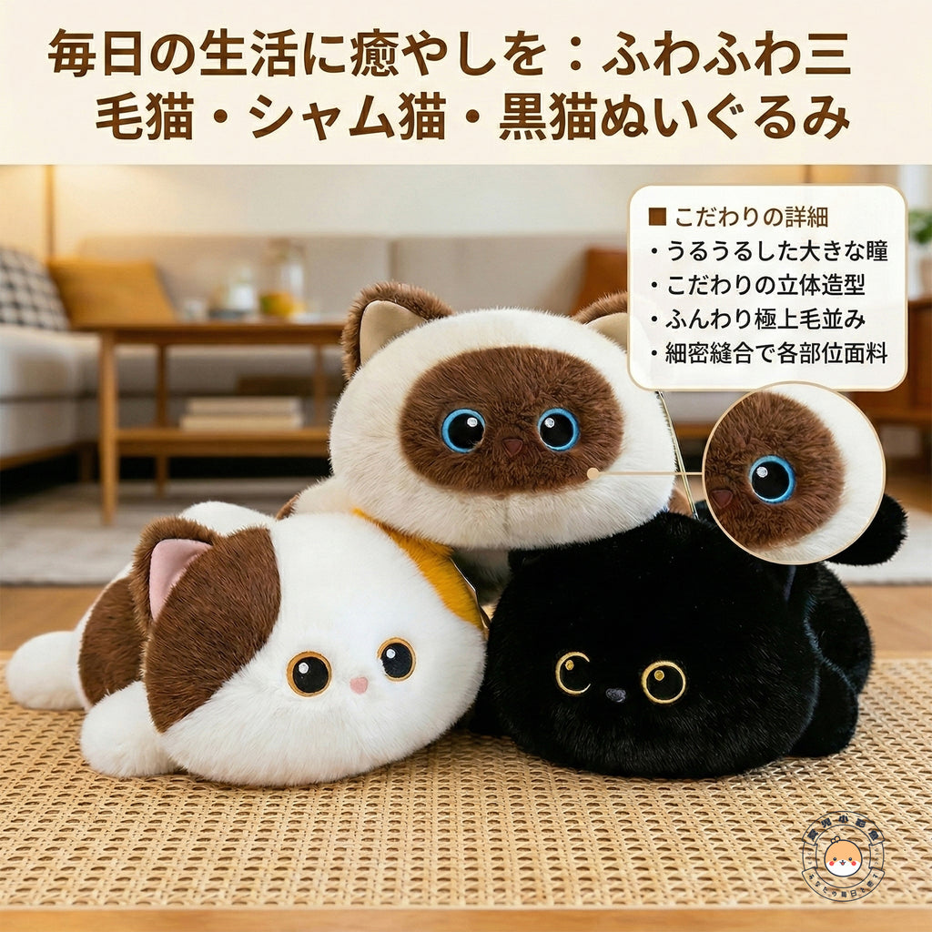 くりくりおめめのにゃんこ 伏せ姿ぬいぐるみ 黒猫・三毛猫・シャム猫の仲良し集合ショット
