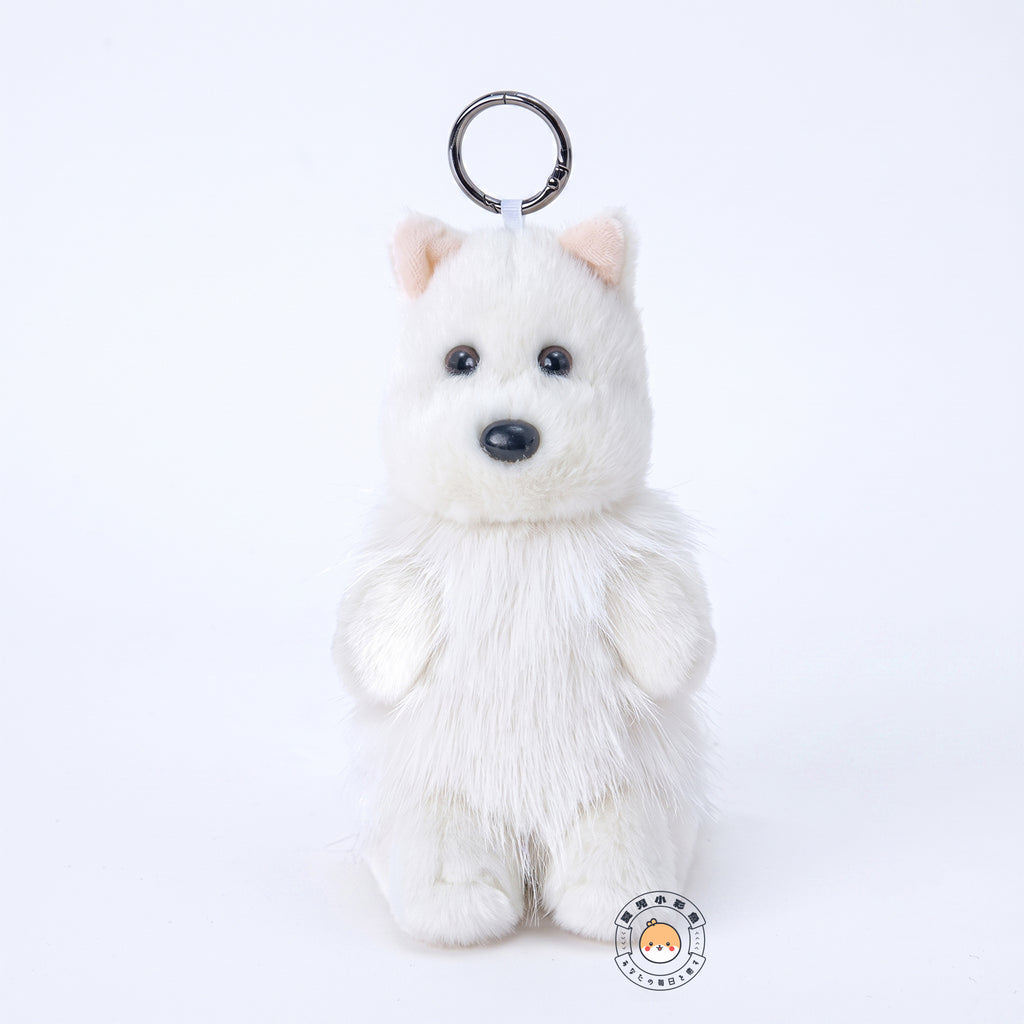 ウェスティ ぬいぐるみキーホルダー 15cm 正面 ピンクの立ち耳と丈夫なナスカン金具